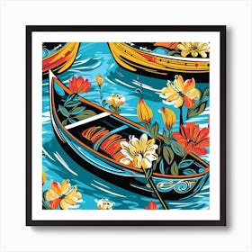 Thai Boat Pattern With Flowers Art Print