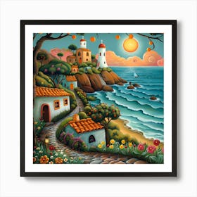 Sunset By The Sea, Naive, Whimsical, Folk Art Print