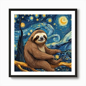 Sloth Cartoon At Starry Night Van Gogh painting Affiche