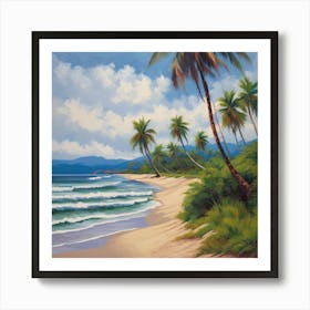 Day At The Beach, A Tranquil Beach Scene With Palm Trees And Gentle Waves art print Art Print