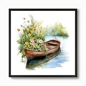 Watercolor Boat With Flowers 1 Art Print