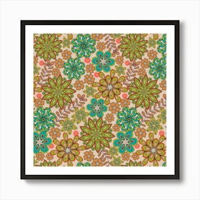 PASSEMENTERIE Lacy Bohemian Embroidery Floral in Tropical Retro 70s Green Turquoise Coral Orange Yellow Art Print