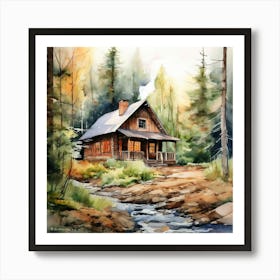 Cabin In The Woods, Create A Watercolor Painting Of A Cozy Rustic Cabin In The Woods 2 Art Print