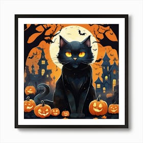 Black Cat With Pumpkins Art Print