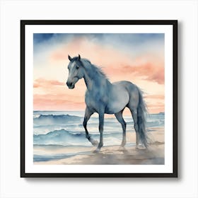 Blue Horse On The Beach Art Print