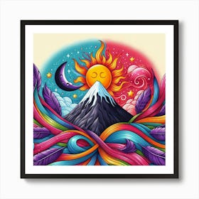 A Mountain With Colorful Streaks Of Ribbon With Purple Feathers Sun And Moon And Star In A Volcano Of Red Flames 3 Art Print