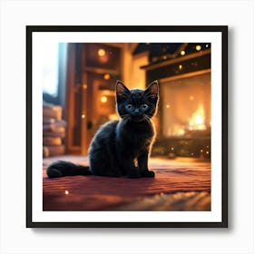 Black Kitten In Front Of Fireplace 2 Art Print