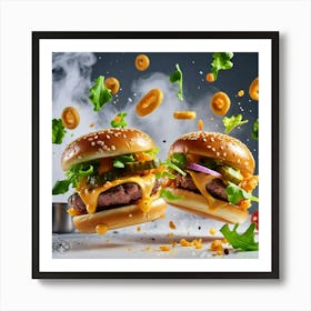 Burgers Flying In The Air Art Print