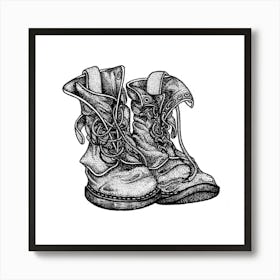 Old Boots in Black and White Ink Art Print