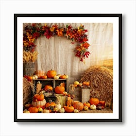 Autumn Harvest Scene Arranged Rustic Style Brimming With Seasonal Abundance Pumpkins Nestled Amon (7) Art Print