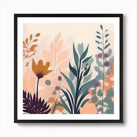 Botanical Illustration Silhouette, Peach, Turquoise, Burgundy and Mustard Art Print