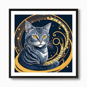 The Pianist Cat, Blue and Yellow Art Print
