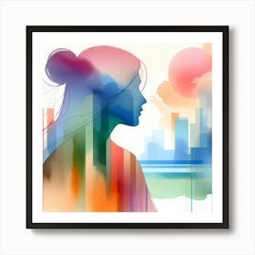 Watercolor Cityscape Illustration Of A Woman Art Print