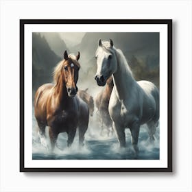 Horses In The Water 2 Art Print