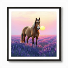 Horse In Lavender Field At Sunset 4 Art Print