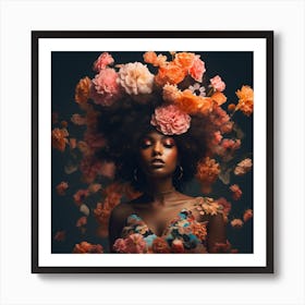 Black Queen Infused With Floral Crowned, Melanin Magic Art Art Print