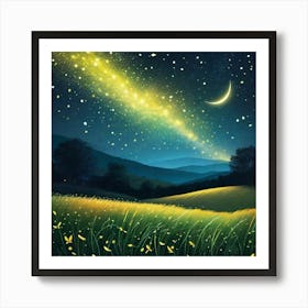 yellow glow beside the moon with fire flies on open field Art Print