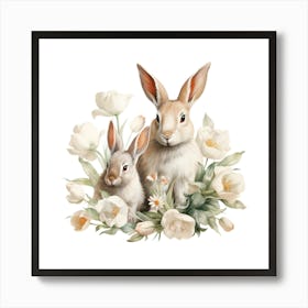 Rabbits With Flowers Art Print