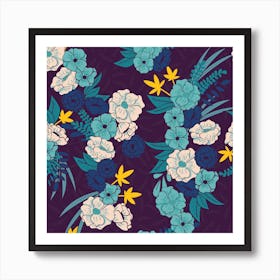 Flower And Floral Pattern On Purple Square Art Print