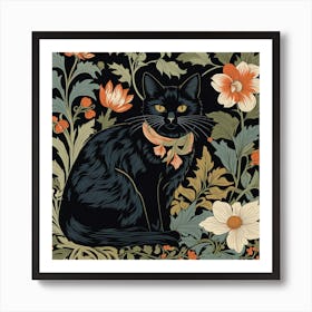 William Morris Style Cute Cat Black Collection Botanical Art Print Art Print