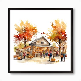 Farmers Market In Autumn Fall With Pumpkins Watercolour Art Print