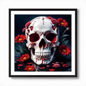 Bloody Skull With Flowers Art Print