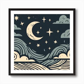 Linocut, Scandinavian Style, Night Sky with Crescent Moon 3 Art Print