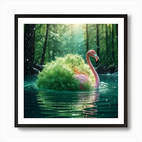 Firefly Green, Soft, Plush, Flamingo, Swimming, Transparent, Glass Lake, Sunlight, Snow, Falling, Re Poster