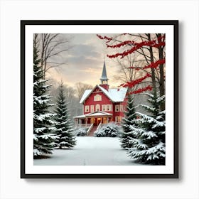 Red House In The Snow Art Print