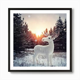 Firefly Scandinavian, Art, Illustration, Serene, Winter, Forest, Baby, Moose, Snowy, Clearing, Antle Art Print