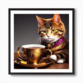 Cat With Cup Of Tea Art Print