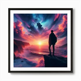 Person Standing On Cliff At Sunset Art Print