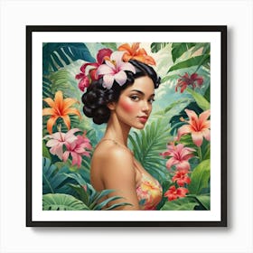 Woman In Tropical Flower Garden Art Print 0 Art Print