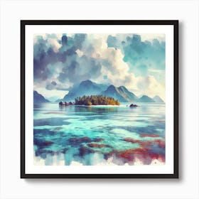 Atoll Serenity, A watercolor painting capturing the vibrant blues and greens of the atoll, with gentle waves lapping against its shores. This artwork would be well-suited for a living room or a spacious hallway where it can be a focal point, bringing in an element of nature and tranquility into your home. 3 Art Print