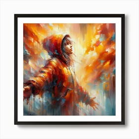 Abstract Painting A stunning expressionist painting with a vibrant color palette dominated by orange, reds, and yellows. The thick, loose brushstrokes create a sense of movement and energy, with visible paint drips and spatters adding to the overall texture. The focal point is a young girl wearing a hoodie, her arms outstretched as if embracing the world. The background is a dreamlike, impressionistic landscape with distorted perspectives, showcasing a dynamic interplay of colors and shapes. The overall atmosphere is vivid, dynamic, and full of life.... 1 Art Print