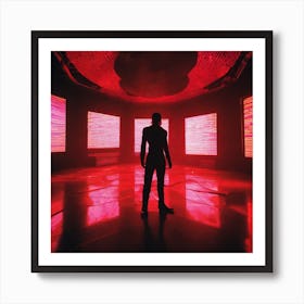 The Image Depicts A Person Standing In A Dark, Futuristic Room With A Large Red Light Emanating From The Center 2 Poster