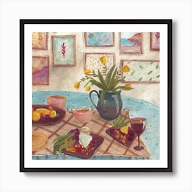 Still life with flowers and win Art Print