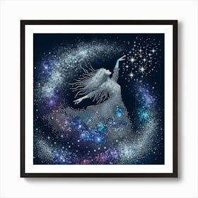 "Cosmic Dancer" - This art piece captures the ethereal beauty of a celestial dancer composed of stars and cosmic dust. She moves gracefully through the cosmos, her form a constellation of sparkling points of light that echo the vastness of the universe. The artwork is a blend of astronomy and mythology, portraying the dancer's silhouette against the deep, dark expanse of space, adorned by bursts of nebular colors. This stunning visual representation is perfect for those who are fascinated by the night sky and the mysteries it holds. "Cosmic Dancer" invites viewers to consider the larger dance of the cosmos, with each star a step in the eternal performance of the universe. Art Print