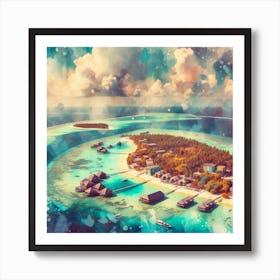 Atoll Serenity, A watercolor painting capturing the vibrant blues and greens of the atoll, with gentle waves lapping against its shores. This artwork would be well-suited for a living room or a spacious hallway where it can be a focal point, bringing in an element of nature and tranquility into your home. 1 Art Print