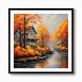 Autumn House By The River Art Print