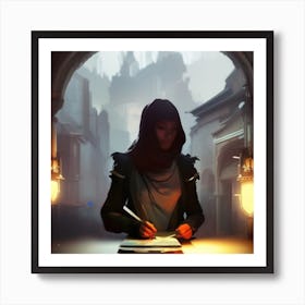 Woman Writing In A Dark Room Art Print