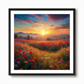 Sunset In A Flower Field Art Print