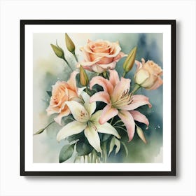 Roses And Lilies Paintings Art Print Art Print