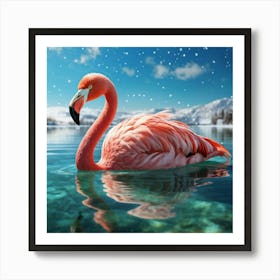 Soft Plush Flamingo Emerald Tinted And Leisurely Swimming On A Glassy Lake Sunlight Reflecting Off Art Print