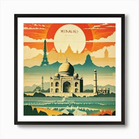 A Vintage Travel Poster Features A Collage Of Major Historical Landmarks From Different Continents Art Print