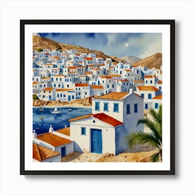 Aegean Village.Summer on a Greek island. Sea. Sand beach. White houses. Blue roofs. The beauty of the place. Watercolor. 5 Art Print