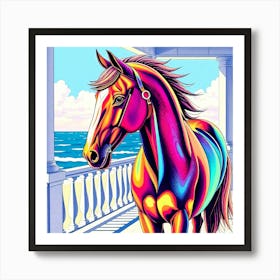 Colorful Horse On A Ocean Veranda Art Print