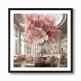 Pink Flowers In A Restaurant Art Print