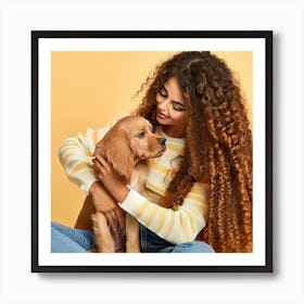 Young Woman With Puppy On Yellow Background Art Print