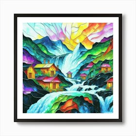 Abstract art stained glass art of a mountain village in watercolor 14 Art Print